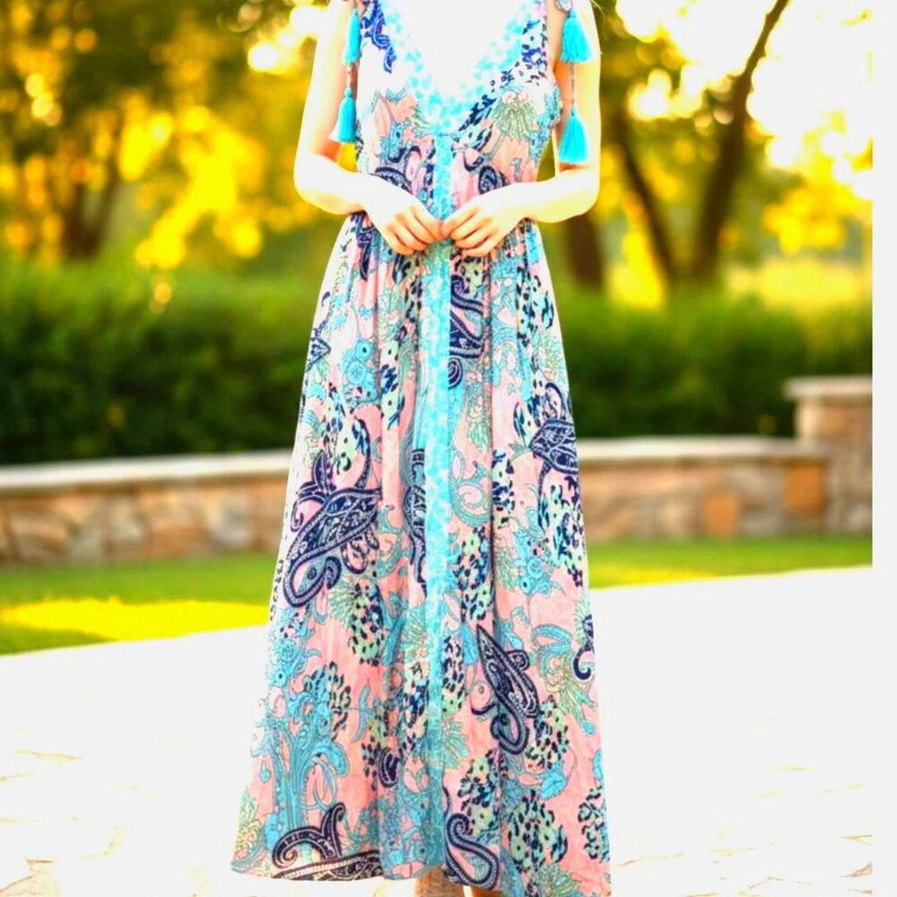 Cupshe Paisley Tassel Maxi Dress NWT Large Boho Beach Vacation Festival Hippie